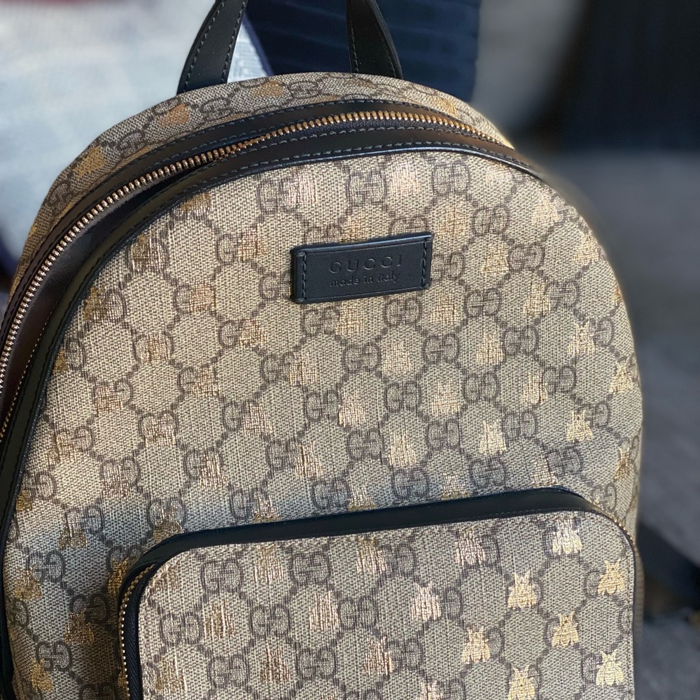 Gucci Zip Pocket Printed Gg Coated Canvas Mini Backpack gold bumble bees